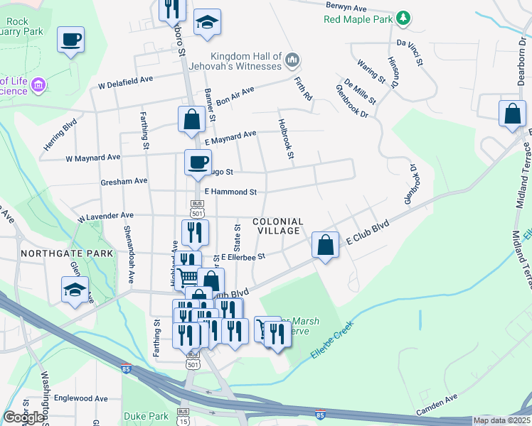 map of restaurants, bars, coffee shops, grocery stores, and more near 601 East Lavender Avenue in Durham