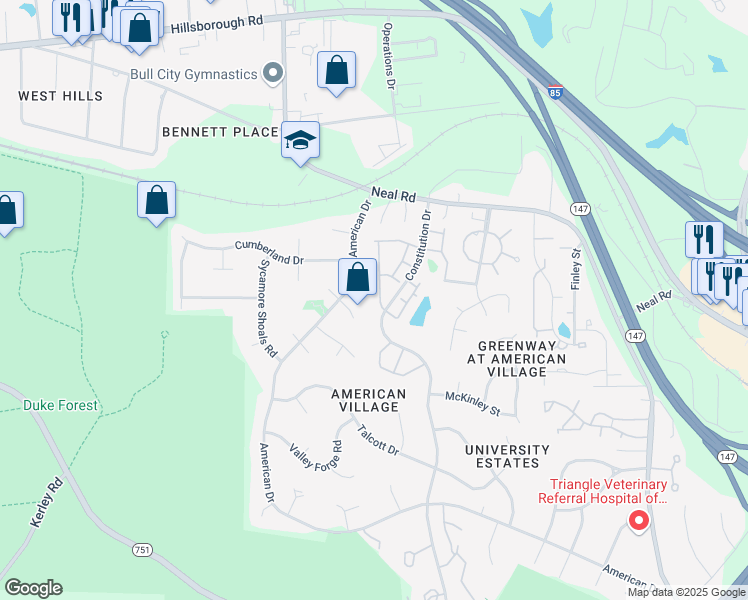 map of restaurants, bars, coffee shops, grocery stores, and more near 76 Pocono Drive in Durham