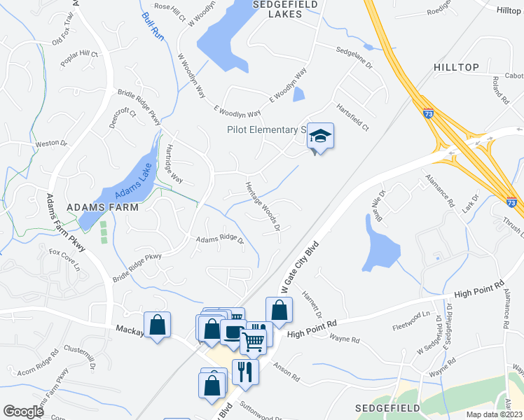 map of restaurants, bars, coffee shops, grocery stores, and more near 4901 Heritage Woods Drive in Greensboro