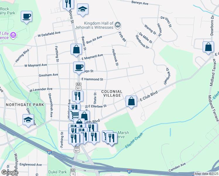 map of restaurants, bars, coffee shops, grocery stores, and more near 605 East Lavender Avenue in Durham