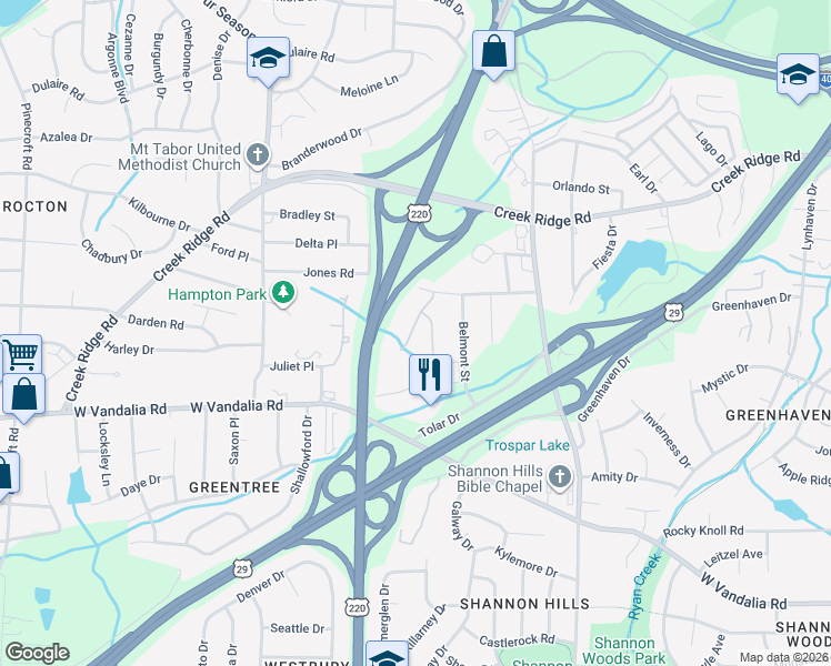 map of restaurants, bars, coffee shops, grocery stores, and more near 9 Summertree Lane in Greensboro