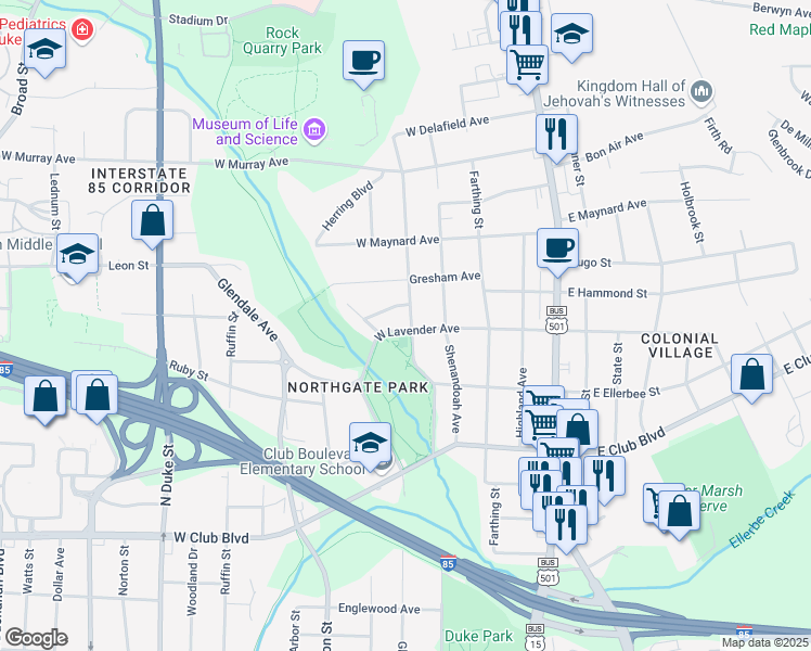 map of restaurants, bars, coffee shops, grocery stores, and more near 300 West Lavender Avenue in Durham