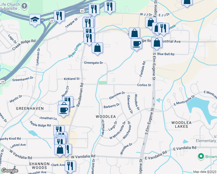 map of restaurants, bars, coffee shops, grocery stores, and more near 503 Corliss Street in Greensboro