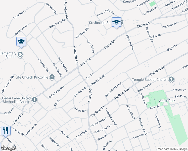 map of restaurants, bars, coffee shops, grocery stores, and more near 1406 Fair Drive in Knoxville