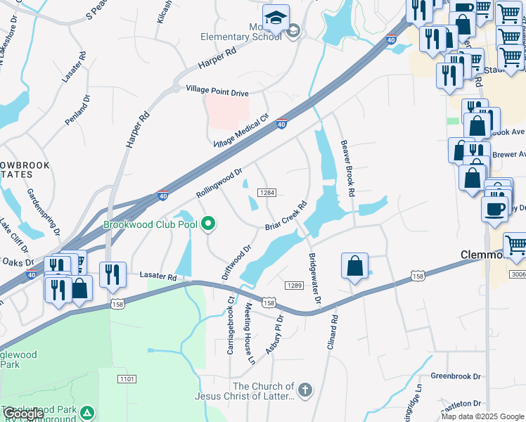 map of restaurants, bars, coffee shops, grocery stores, and more near 4260 Stoney Brook Road in Clemmons