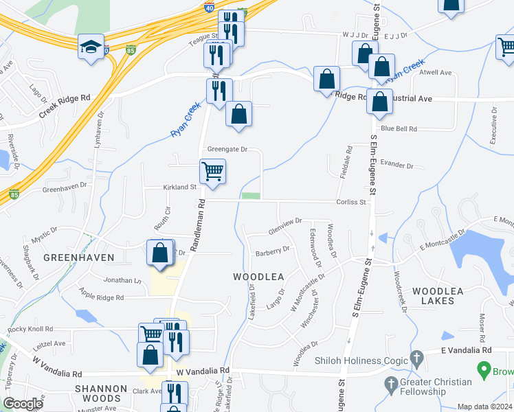 map of restaurants, bars, coffee shops, grocery stores, and more near 507 Corliss Street in Greensboro