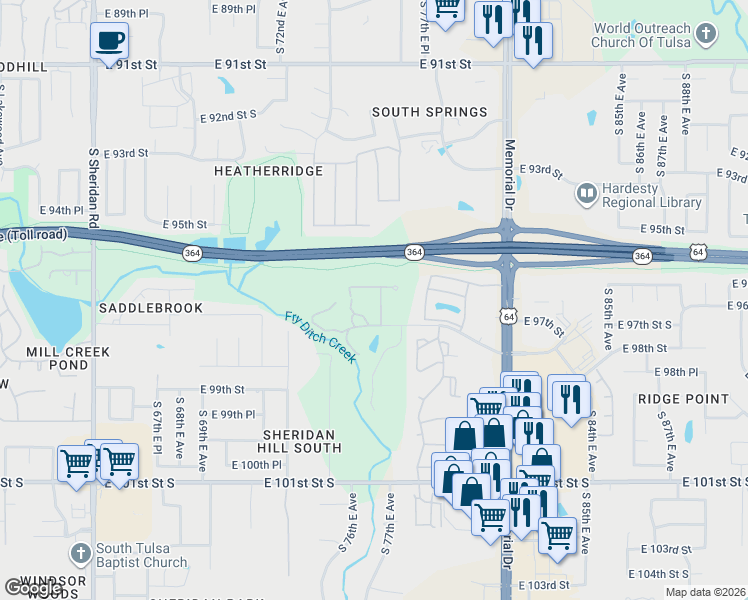 map of restaurants, bars, coffee shops, grocery stores, and more near 9716 S 75th E Ave in Tulsa