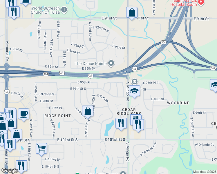map of restaurants, bars, coffee shops, grocery stores, and more near 9534 South 94th East Avenue in Tulsa