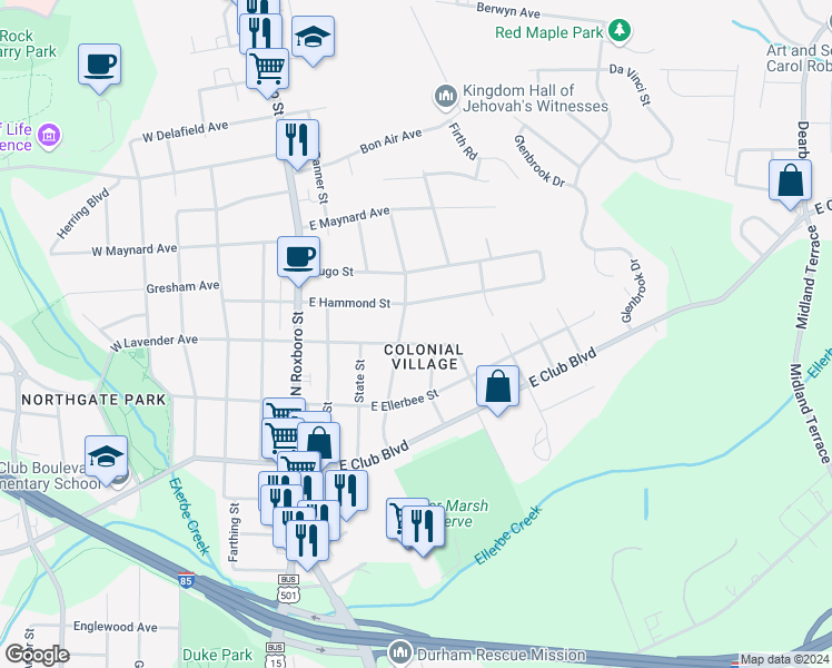 map of restaurants, bars, coffee shops, grocery stores, and more near 605 East Lavender Avenue in Durham
