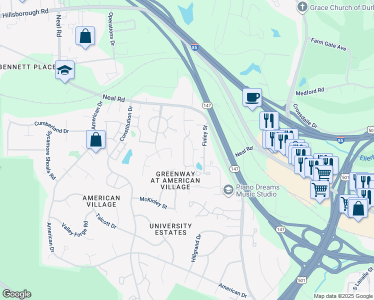 map of restaurants, bars, coffee shops, grocery stores, and more near 14 Prestwick Place in Durham