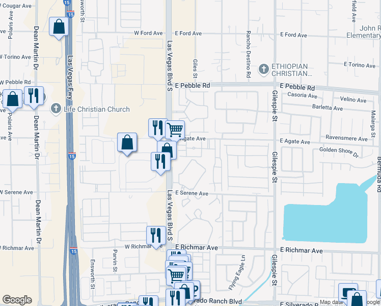 map of restaurants, bars, coffee shops, grocery stores, and more near 39 East Agate Avenue in Las Vegas