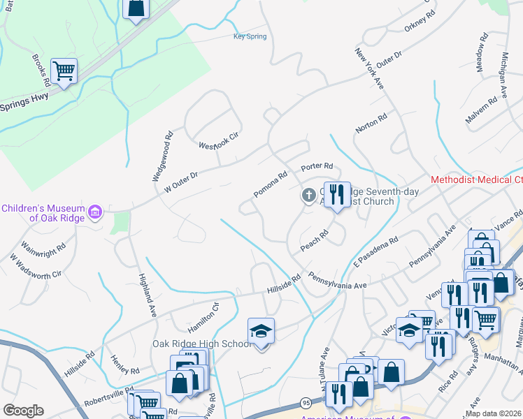 map of restaurants, bars, coffee shops, grocery stores, and more near 115 Pleasant Road in Oak Ridge