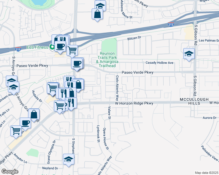 map of restaurants, bars, coffee shops, grocery stores, and more near 1290 West Horizon Ridge Parkway in Henderson