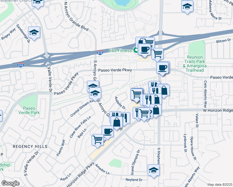 map of restaurants, bars, coffee shops, grocery stores, and more near 1464 Verde Triandos Drive in Henderson