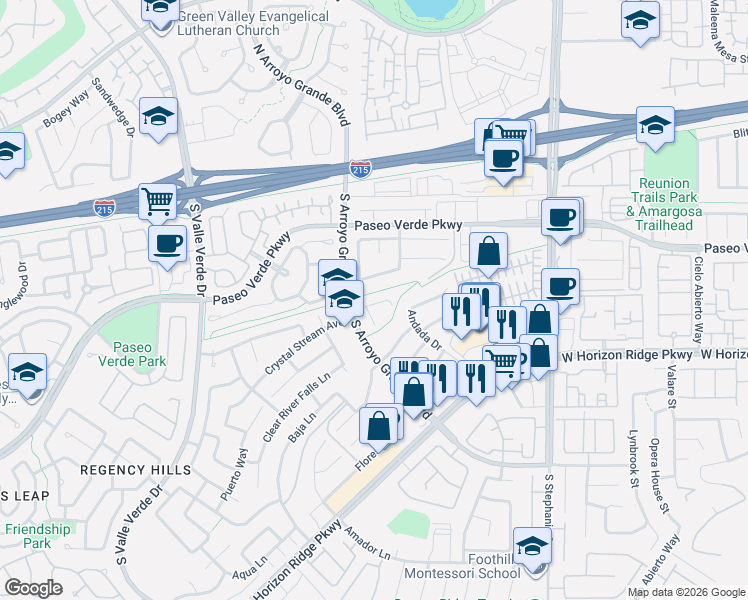 map of restaurants, bars, coffee shops, grocery stores, and more near Amargosa Trail in Henderson