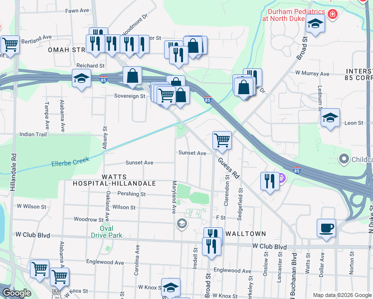 map of restaurants, bars, coffee shops, grocery stores, and more near 1702 Delaware Avenue in Durham