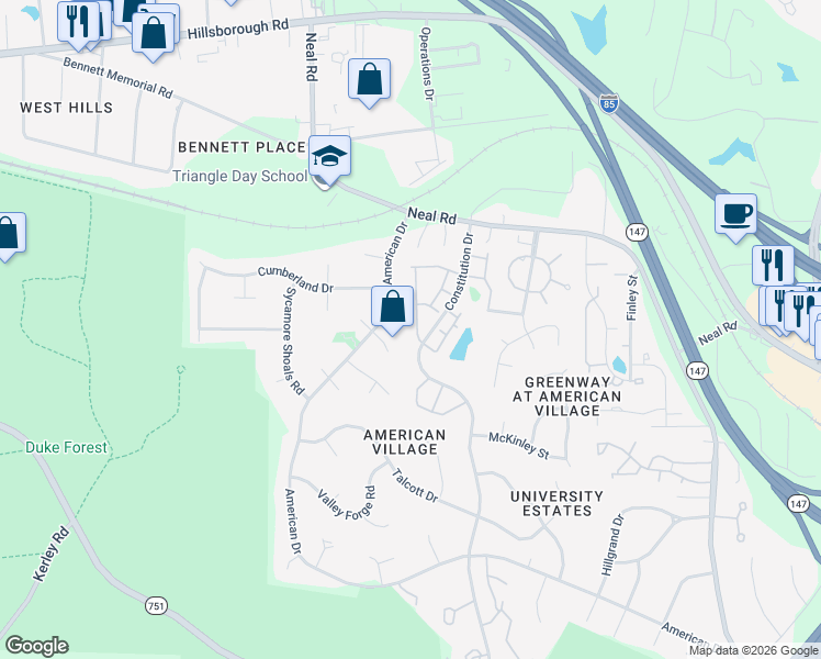 map of restaurants, bars, coffee shops, grocery stores, and more near 67 Pocono Drive in Durham