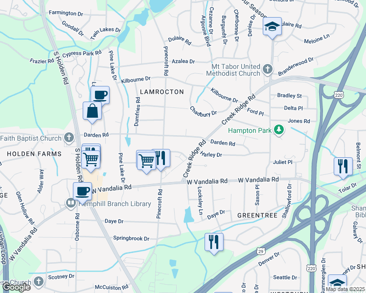 map of restaurants, bars, coffee shops, grocery stores, and more near 2719 Darden Road in Greensboro