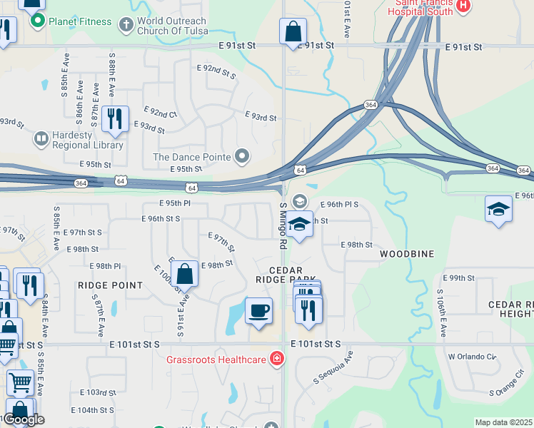 map of restaurants, bars, coffee shops, grocery stores, and more near 9522 South 96th East Avenue in Tulsa