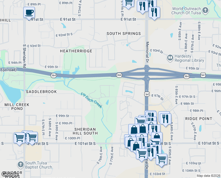 map of restaurants, bars, coffee shops, grocery stores, and more near 7432 East 97th Street in Tulsa