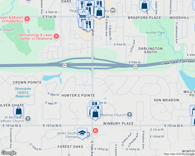 map of restaurants, bars, coffee shops, grocery stores, and more near 4903 East 97th Street in Tulsa