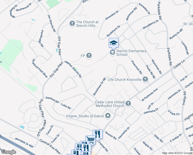 map of restaurants, bars, coffee shops, grocery stores, and more near 801 Woodview Drive Northeast in Knoxville