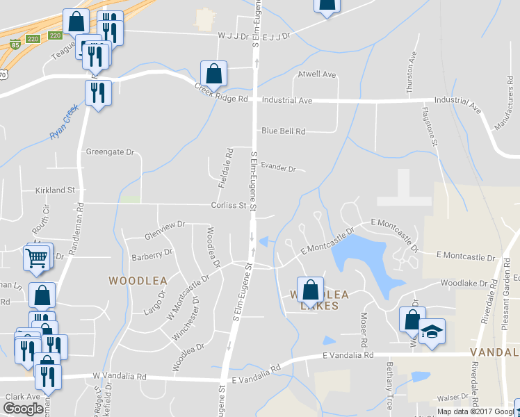 map of restaurants, bars, coffee shops, grocery stores, and more near 3201 South Elm-Eugene Street in Greensboro