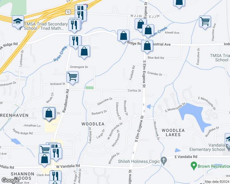 map of restaurants, bars, coffee shops, grocery stores, and more near 217 Corliss Street in Greensboro