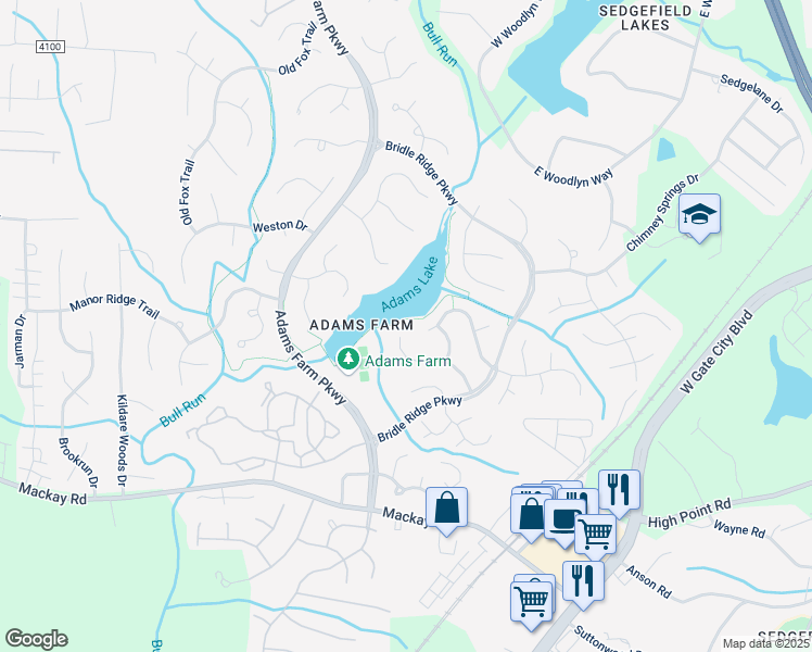 map of restaurants, bars, coffee shops, grocery stores, and more near 5106 Windermere Drive in Greensboro