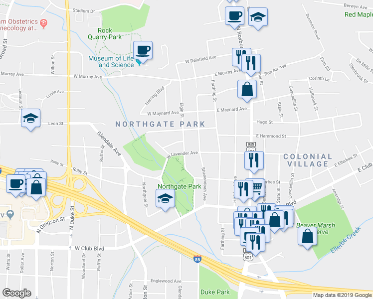 map of restaurants, bars, coffee shops, grocery stores, and more near 210 West Lavender Avenue in Durham