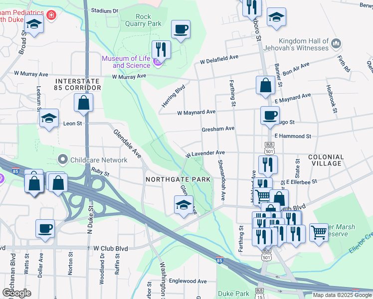 map of restaurants, bars, coffee shops, grocery stores, and more near 317 Greenwood Drive in Durham