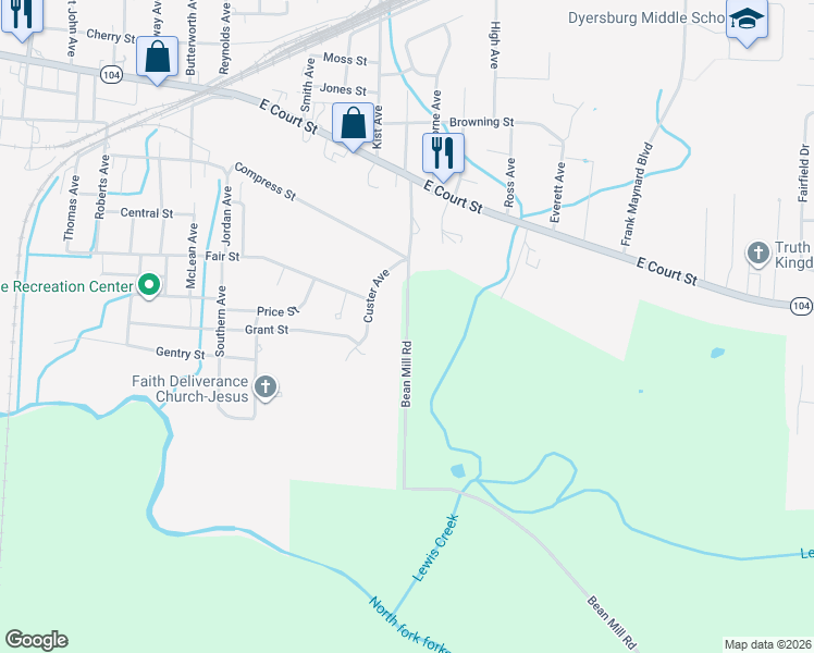 map of restaurants, bars, coffee shops, grocery stores, and more near Bean Mill Road in Dyersburg