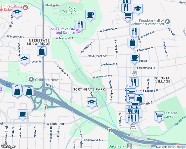 map of restaurants, bars, coffee shops, grocery stores, and more near 317 Greenwood Drive in Durham