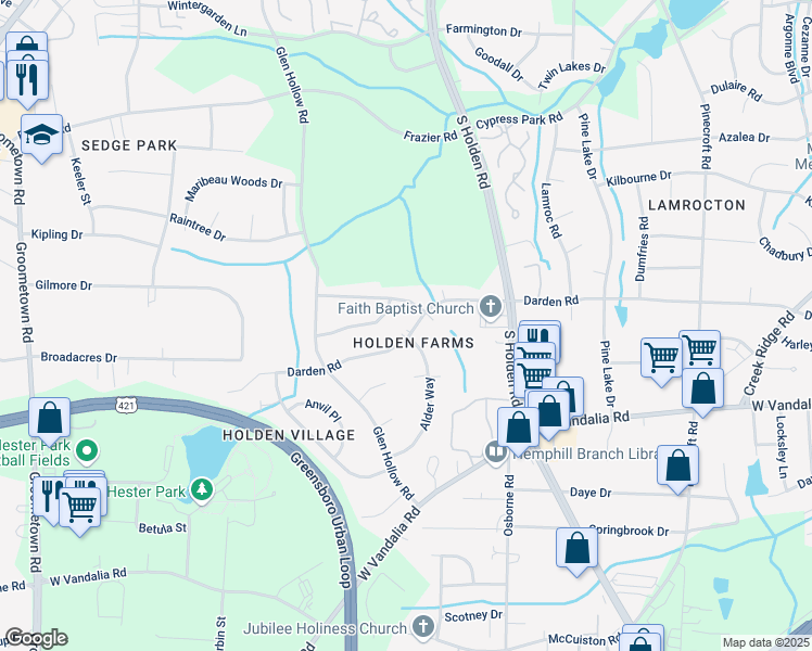 map of restaurants, bars, coffee shops, grocery stores, and more near 3302 Darden Road in Greensboro