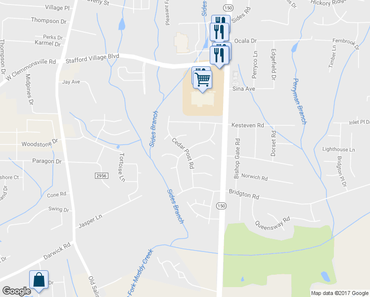 map of restaurants, bars, coffee shops, grocery stores, and more near 3530 Cedar Post Road in Winston-Salem