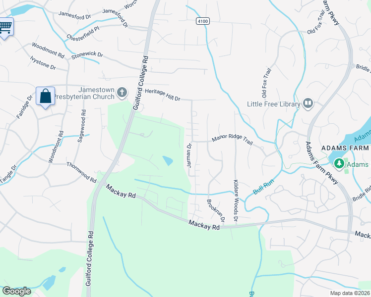 map of restaurants, bars, coffee shops, grocery stores, and more near 840 Jarman Drive in Jamestown