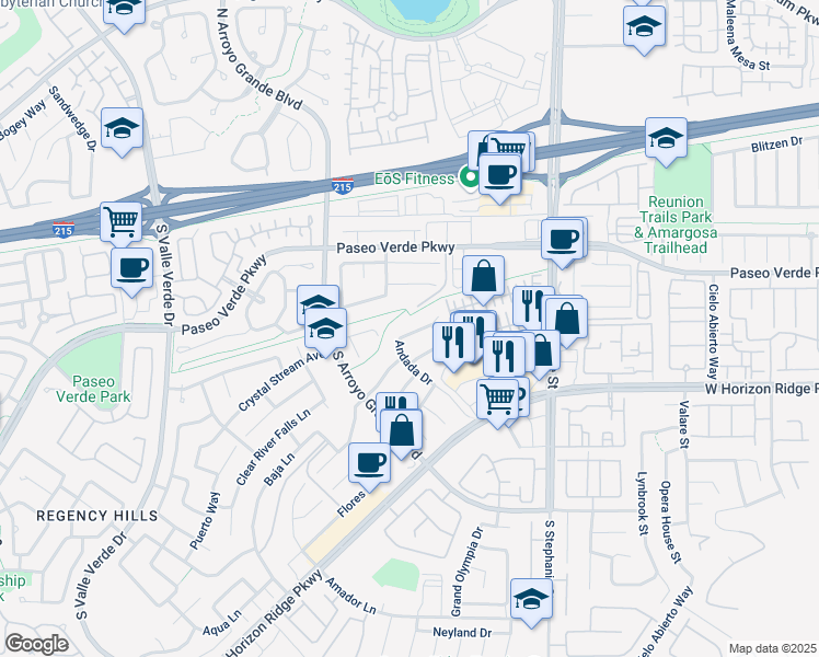 map of restaurants, bars, coffee shops, grocery stores, and more near 1464 Verde Triandos Drive in Henderson