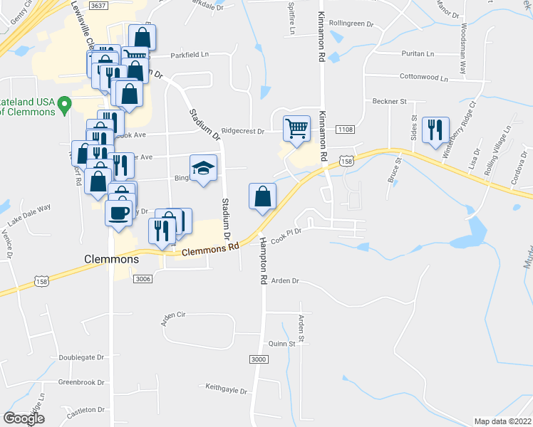 map of restaurants, bars, coffee shops, grocery stores, and more near 3462 Clemmons Road in Clemmons