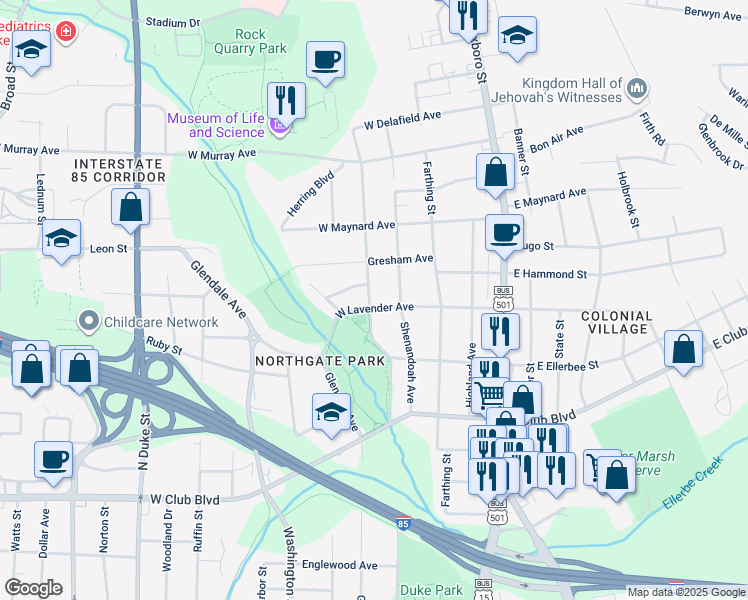 map of restaurants, bars, coffee shops, grocery stores, and more near 210 West Lavender Avenue in Durham