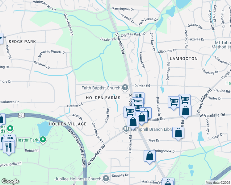 map of restaurants, bars, coffee shops, grocery stores, and more near 3201 Darden Road in Greensboro