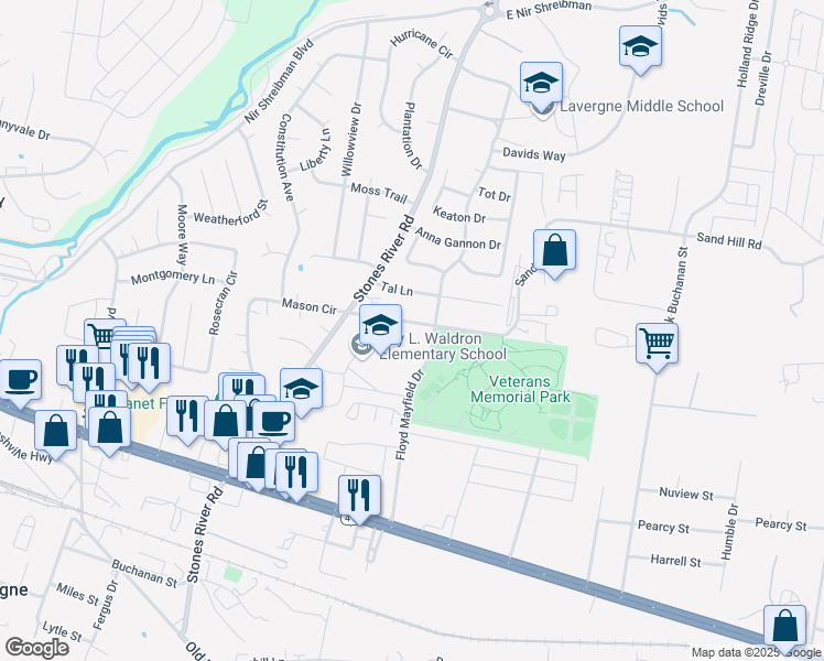 map of restaurants, bars, coffee shops, grocery stores, and more near 125 Floyd Mayfield Drive in La Vergne