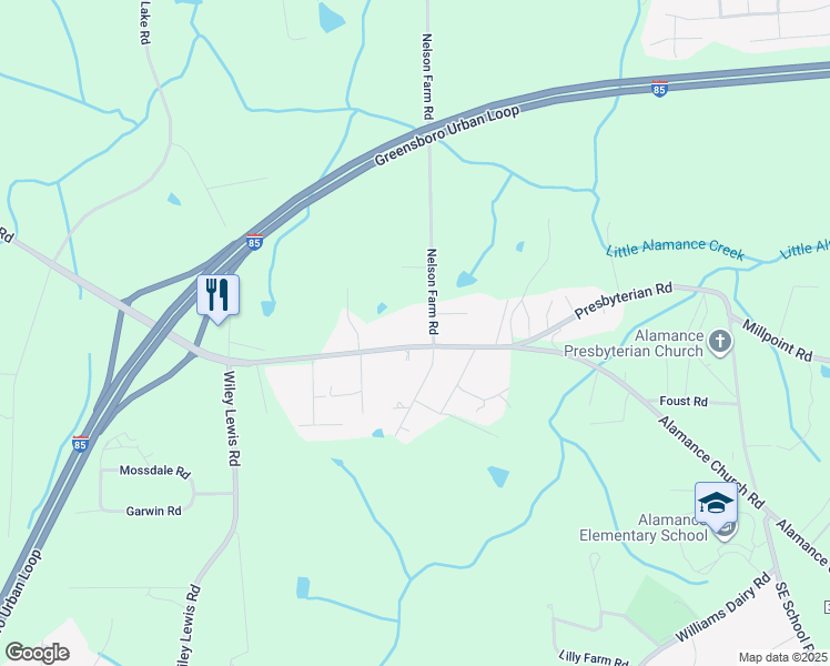 map of restaurants, bars, coffee shops, grocery stores, and more near 1819 Alamance Church Road in Greensboro