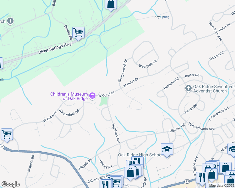 map of restaurants, bars, coffee shops, grocery stores, and more near 419 W Outer Dr in Oak Ridge