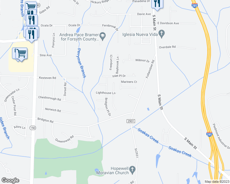 map of restaurants, bars, coffee shops, grocery stores, and more near 4837 Lighthouse Court in Winston-Salem
