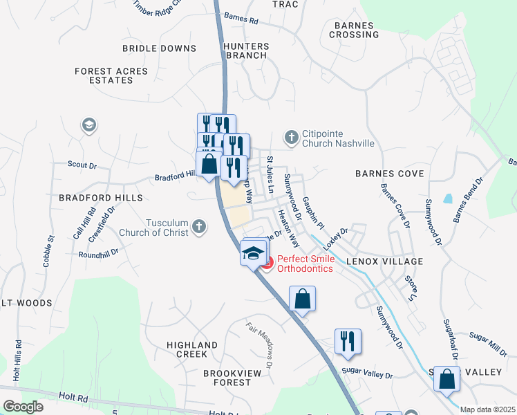 map of restaurants, bars, coffee shops, grocery stores, and more near 7706 Porter House Drive in Nashville