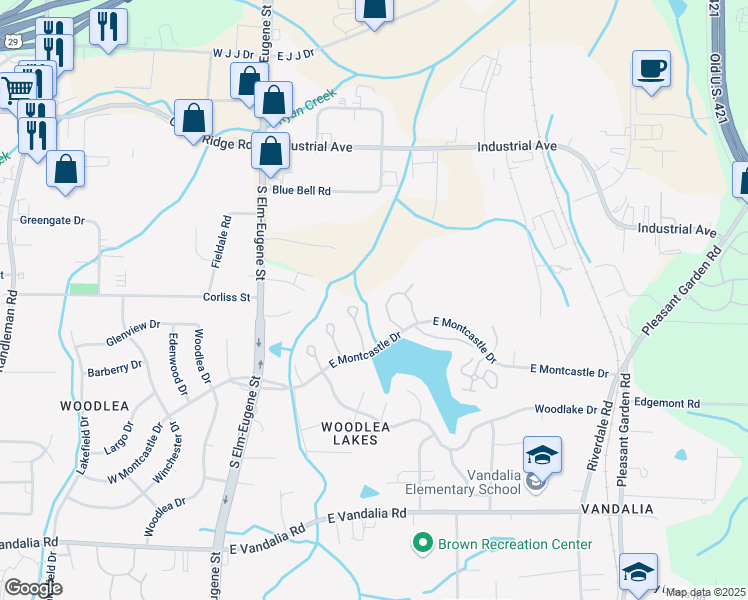 map of restaurants, bars, coffee shops, grocery stores, and more near 349 East Montcastle Drive in Greensboro