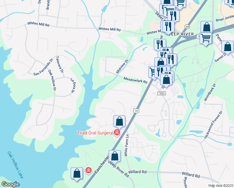 map of restaurants, bars, coffee shops, grocery stores, and more near 2215 Plainview Drive in High Point