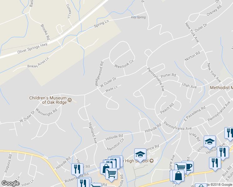 map of restaurants, bars, coffee shops, grocery stores, and more near 111 Waddell Place in Oak Ridge