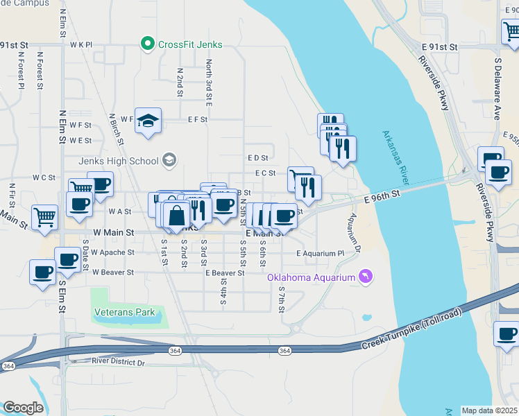 map of restaurants, bars, coffee shops, grocery stores, and more near 531 East A Street in Jenks