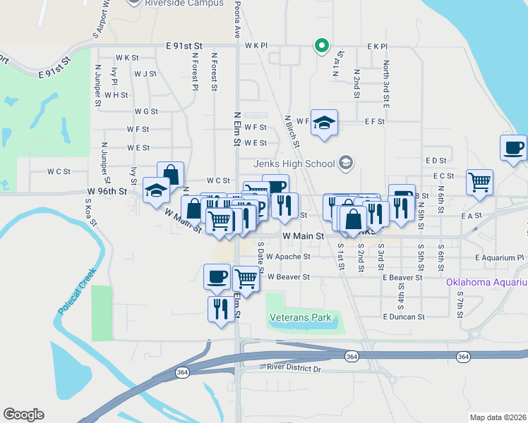 map of restaurants, bars, coffee shops, grocery stores, and more near 423 West A Street in Jenks